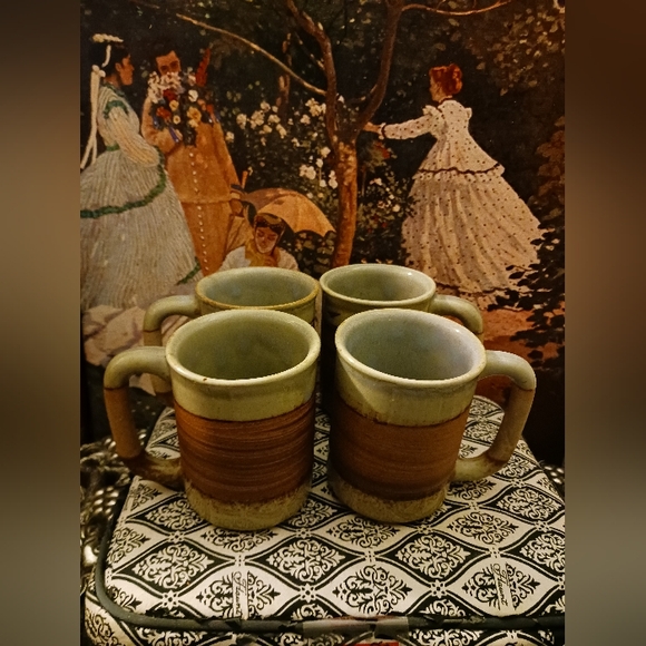 Pier 1 Coffee Mugs Brown Band Stoneware 4 ☕️Glazed Pottery Vintage,Nice Gift. 🎁 - Picture 3 of 4